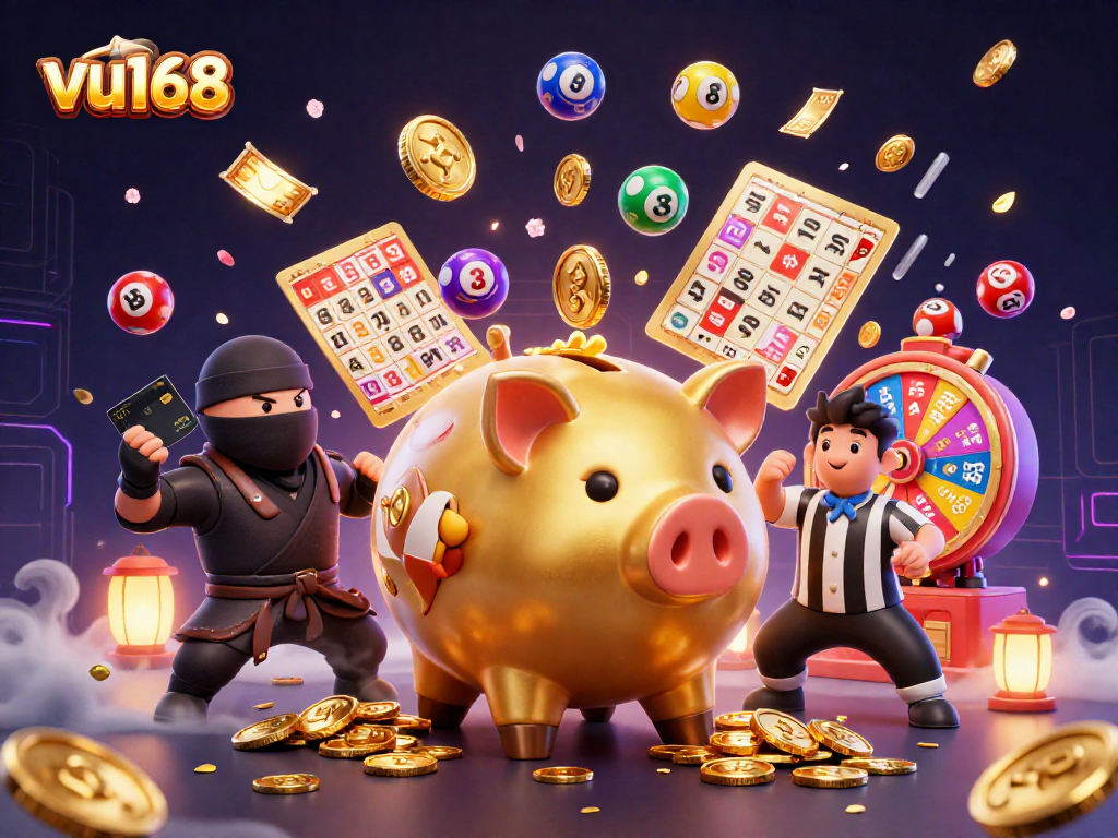 Experience the excitement of vu168 with a dynamic illustration showcasing casino characters amidst a vibrant gaming scene.