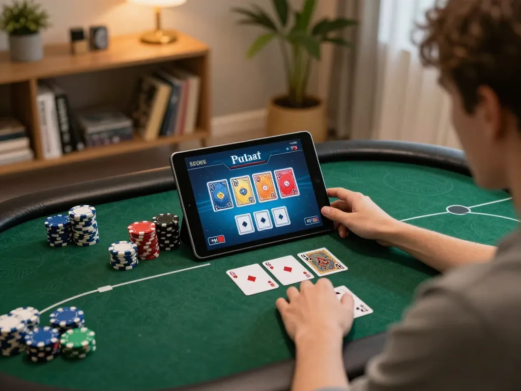 Engaged player enjoying poker on nk88mvp tablet in a cozy home setup.