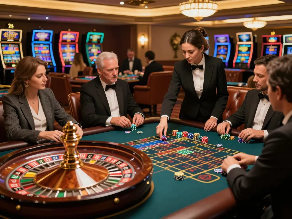 Spin the roulette wheel at a dynamic lucky888 gaming table surrounded by eager players.