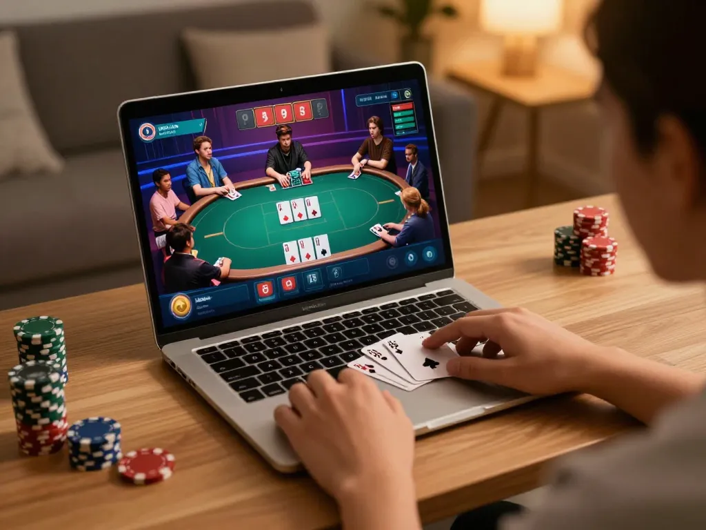 Engaging in online ดูหนัง poker gameplay on a sleek laptop while managing strategic bets.