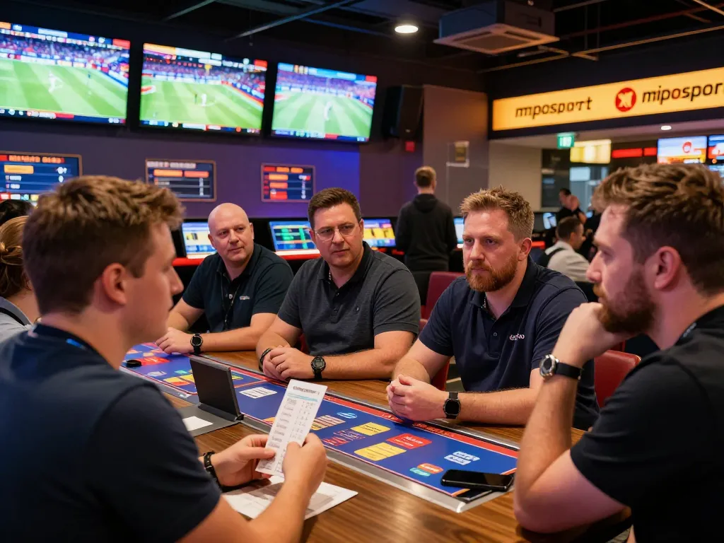 Engaged bettors discussing strategies for mposport events in a lively sportsbook.