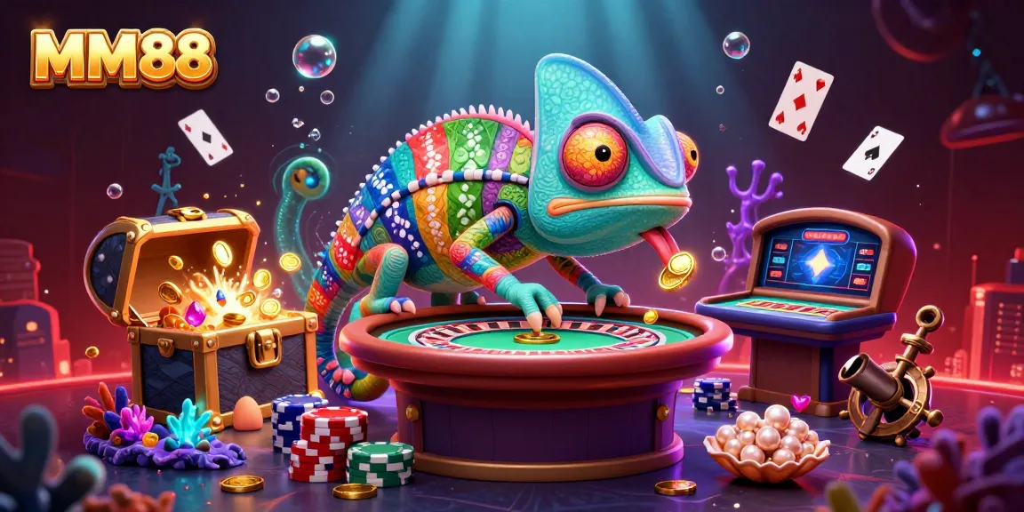 Engage in thrilling gameplay at MM88 with the lively chameleon casino owner amidst dazzling treasures and vibrant casino graphics.