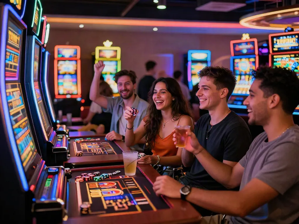 Group of friends enjoying a lively akunjp casino night, celebrating around a slot machine with colorful surroundings.