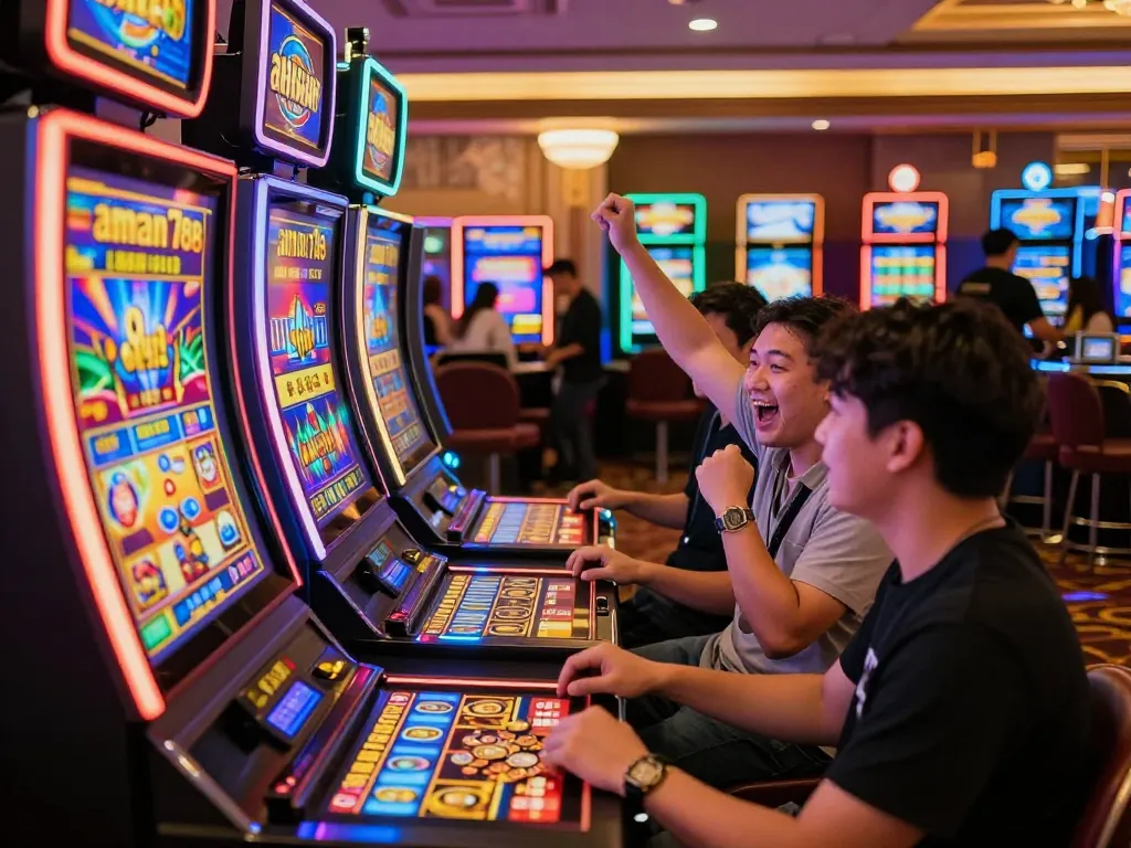 Pemain merayakan kemenangan di mesin slot aman788 gacor, suasana kasino yang cerah penuh dengan kegembiraan.