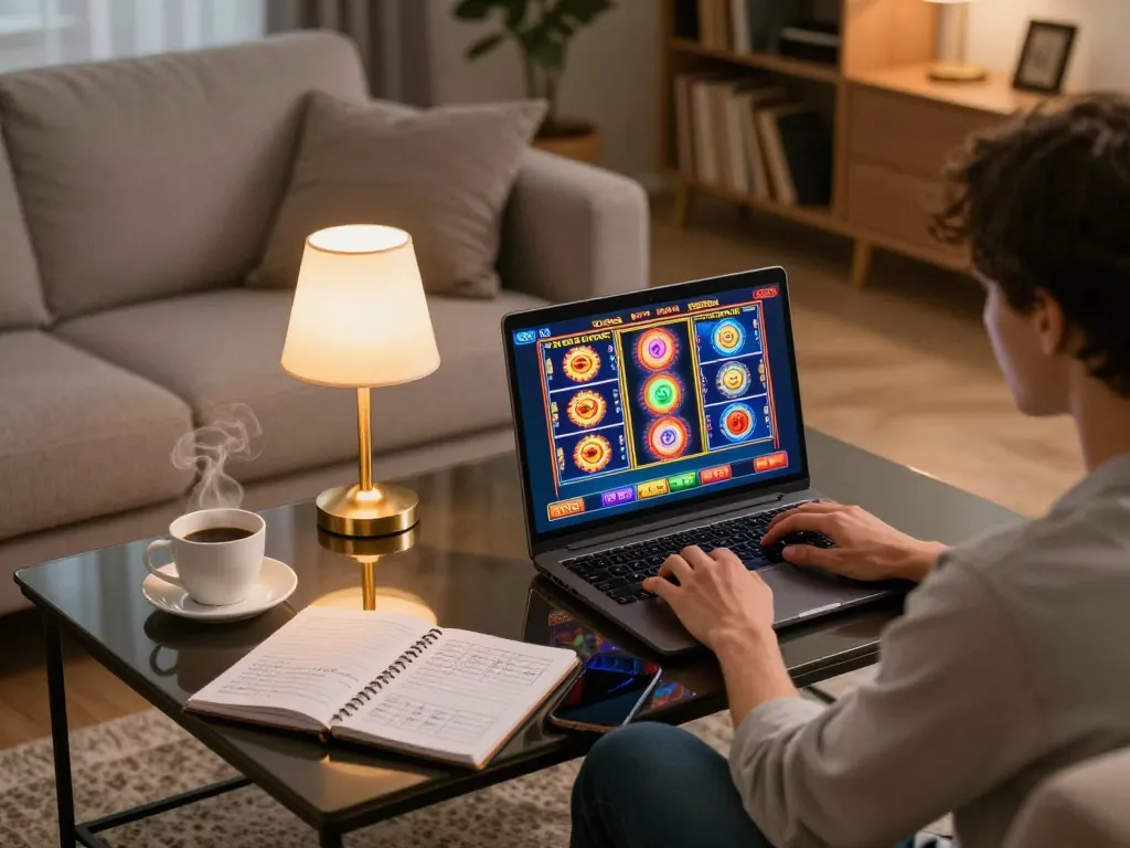 Engaging in online slot games at home via https://goal123.ac/, showcasing colorful graphics and strategic notes.