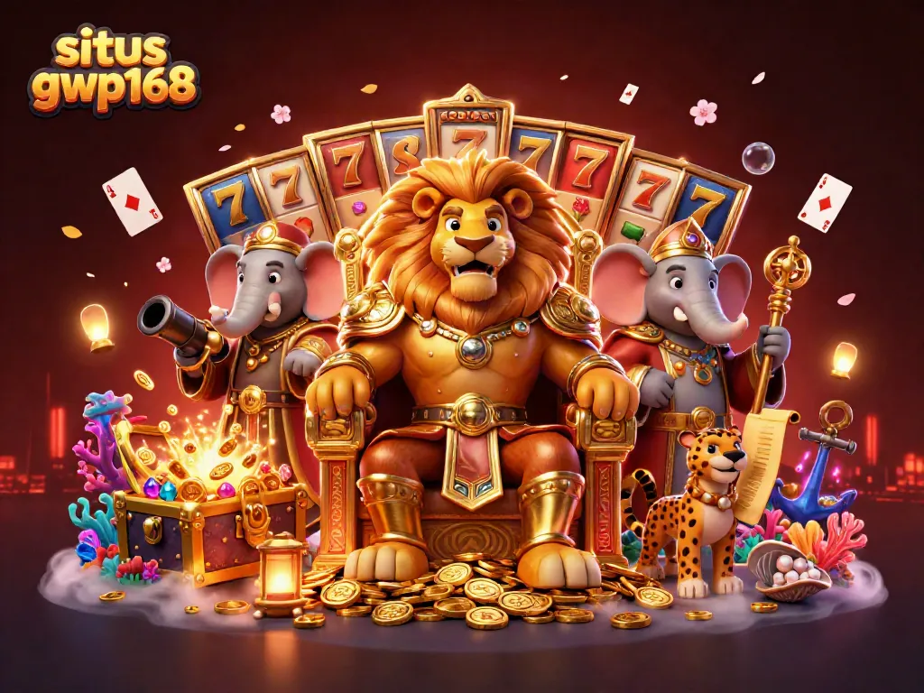 Gambar ilustrasi 3D dari situs gwp168 yang menampilkan raja slot dengan baju zirah dan harta karun bermain di latar belakang.