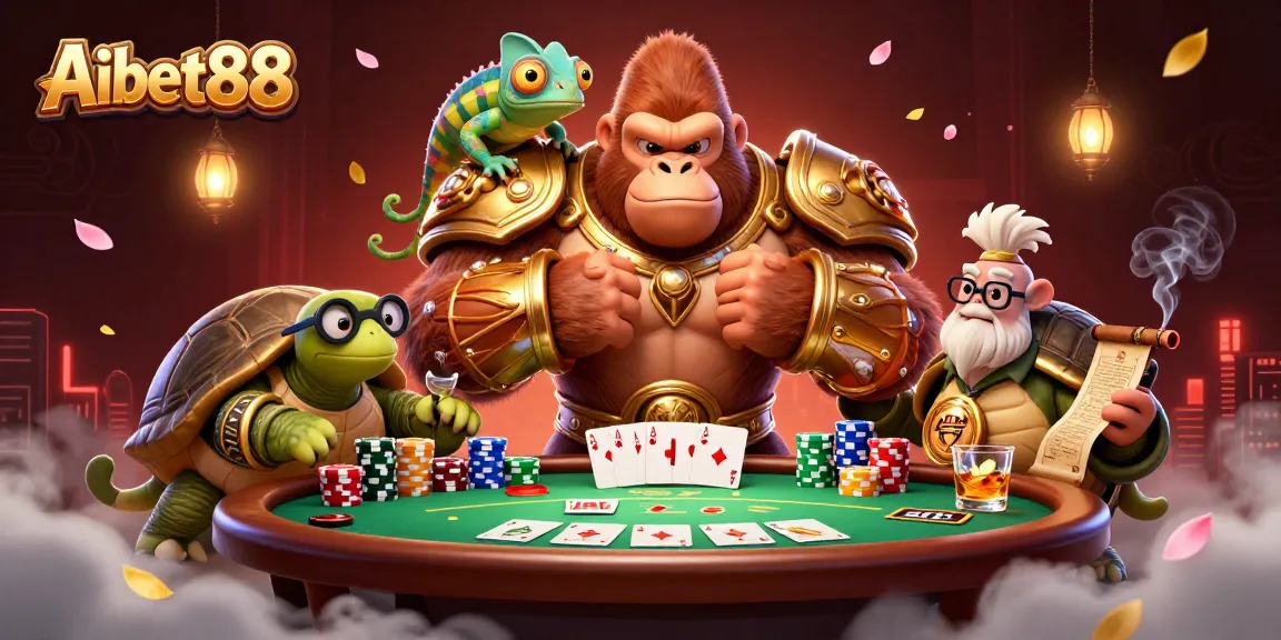 Aibet88 showcases a powerful gorilla king at a vibrant poker scene with colorful chips and cards.
