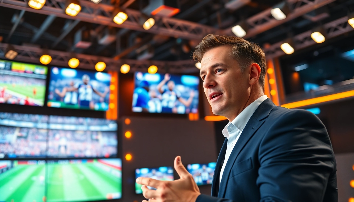 Engaging sports broadcasting scene with a dynamic anchor delivering updates.