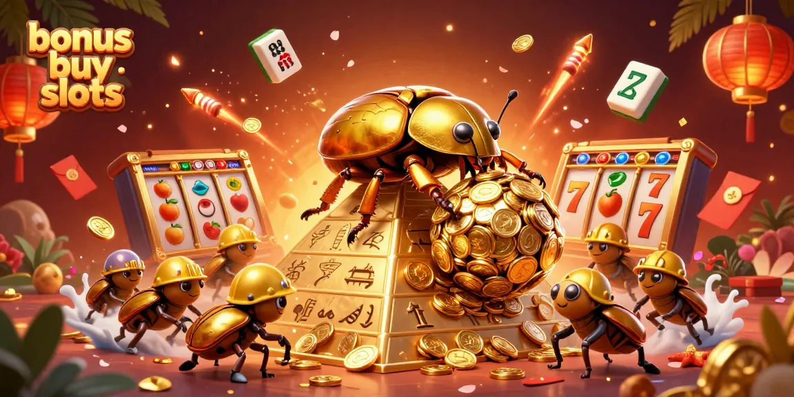 Experience thrill and excitement with bonus buy slots in a vibrant casino scene featuring golden beetles and prize symbols.