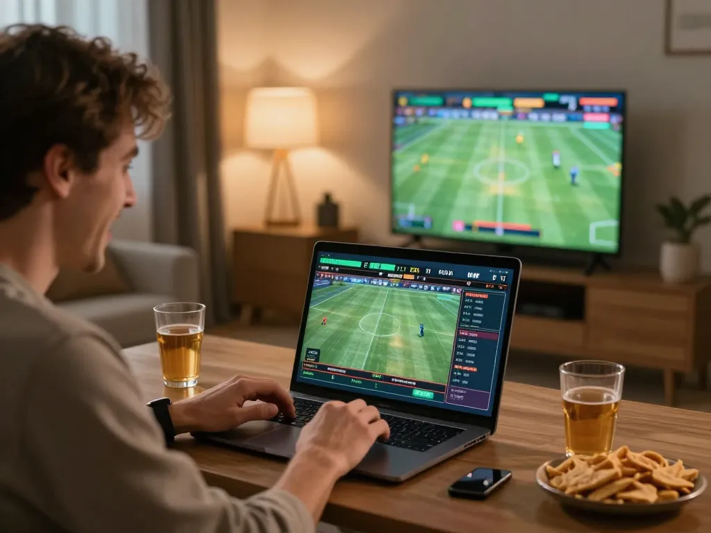 Person using xx88 for live sports betting at home, excited by the game.