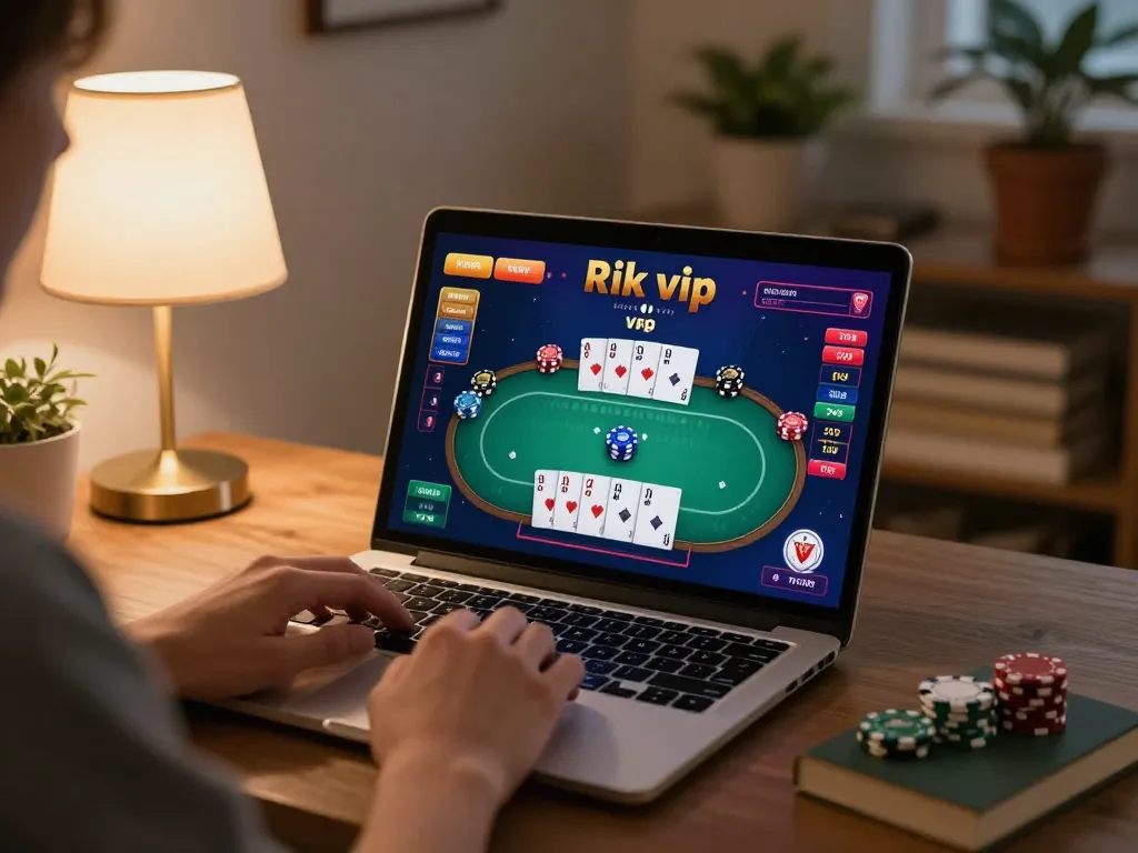 Engaging poker gameplay on Rik vip, showcasing player interaction with cards and chips at home