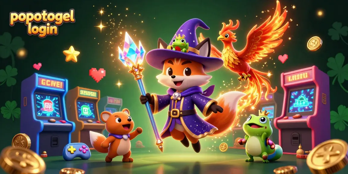 Experience the excitement of popotogel login with a mystical wizard fox and phoenix in a vibrant casino scene.
