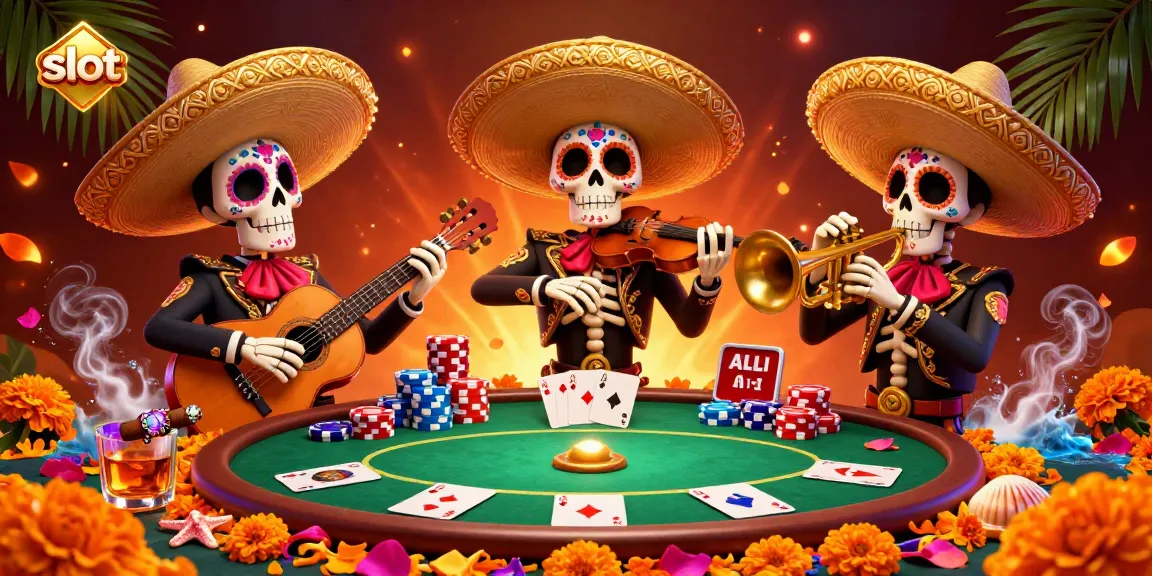 Spin the slots with excitement as colorful skeleton mariachis celebrate victories in a casino scene.