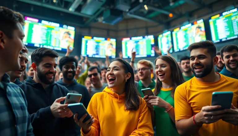 Engaging scene of sports betting enthusiasts cheering with live odds displayed prominently.