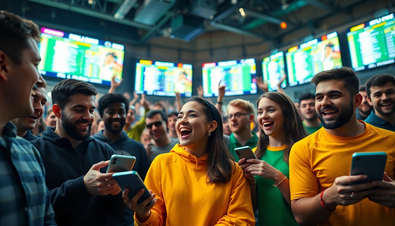 Engaging scene of sports betting enthusiasts cheering with live odds displayed prominently.