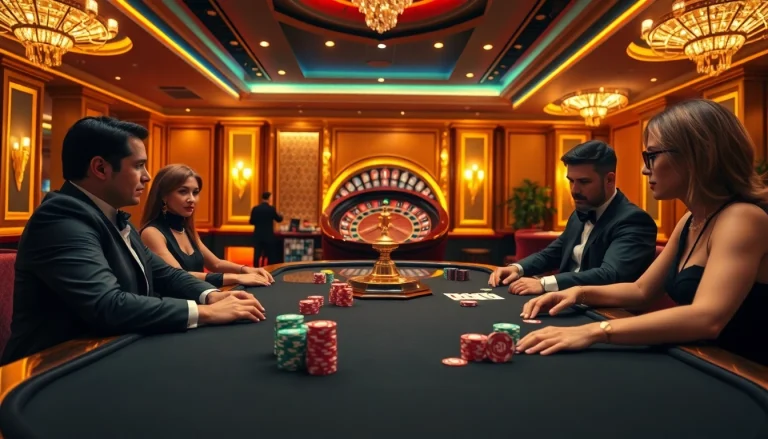 Engaged players at a luxurious poker table representing nhà cái jun88 excitement in gambling.