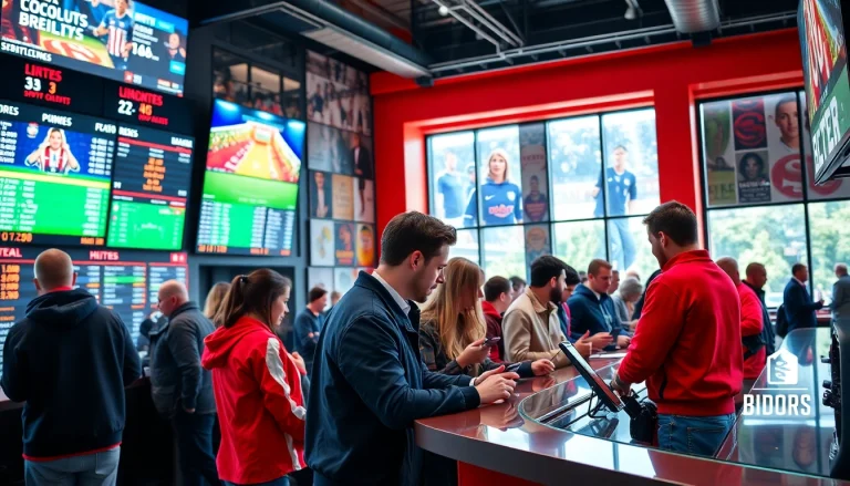 Engaging scene of online betting with bettors interacting with digital screens.