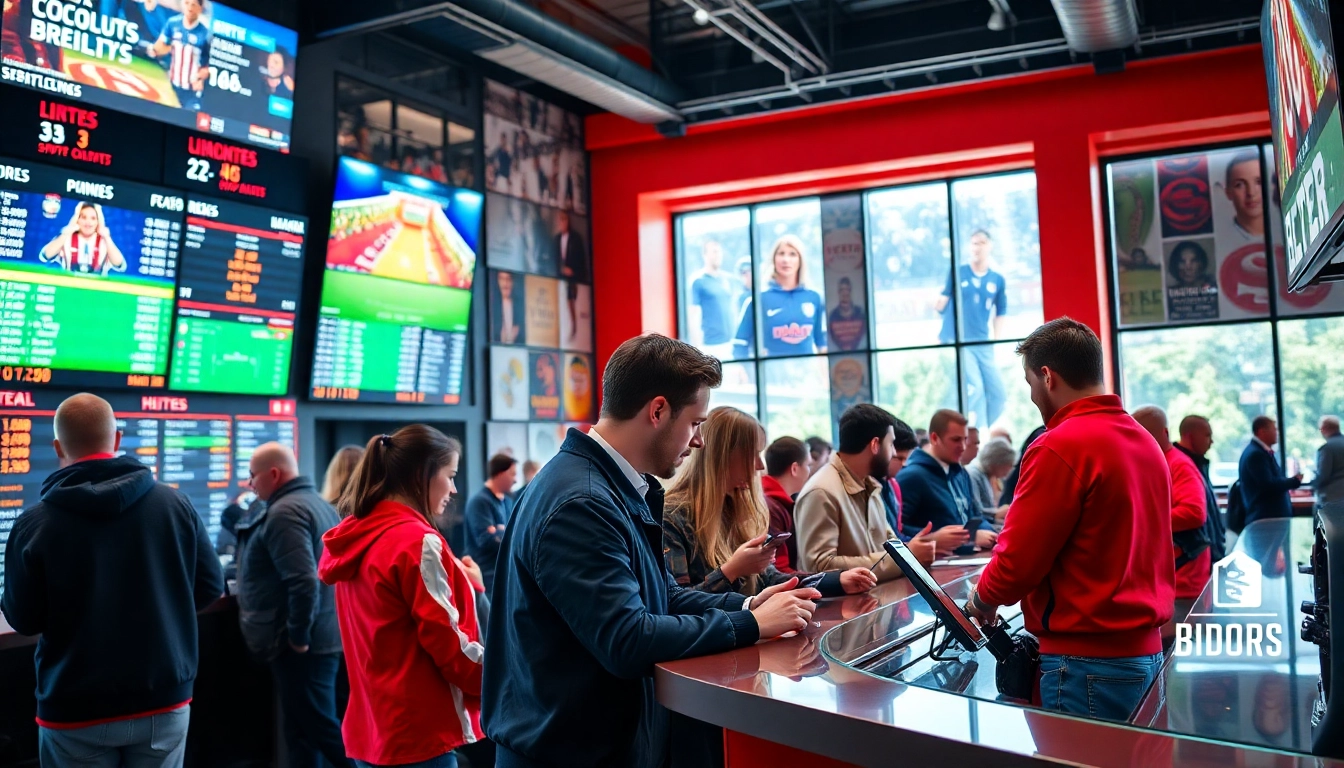 Engaging scene of online betting with bettors interacting with digital screens.