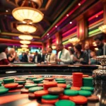 Experience the thrill of a Casino roulette table illuminated with exciting colors and energetic players.