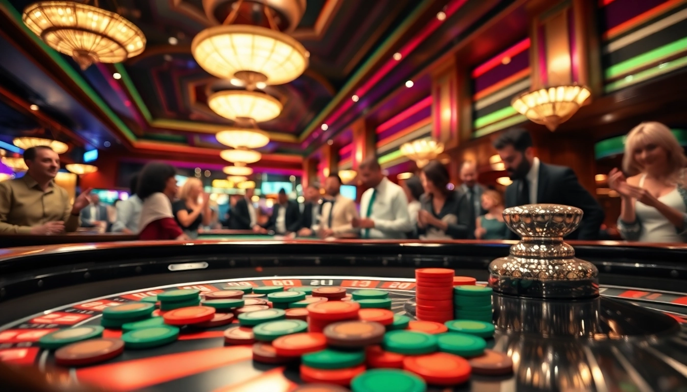 Experience the thrill of a Casino roulette table illuminated with exciting colors and energetic players.