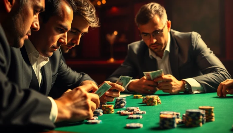 Engaged players participating in a Poker Game with colorful chips and intense focus.