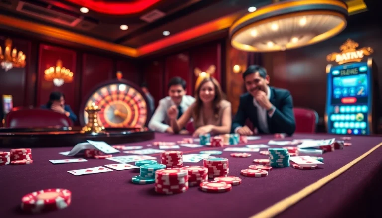 Experience excitement at https://xx88.today/: A vibrant casino scene with players at a gambling table.