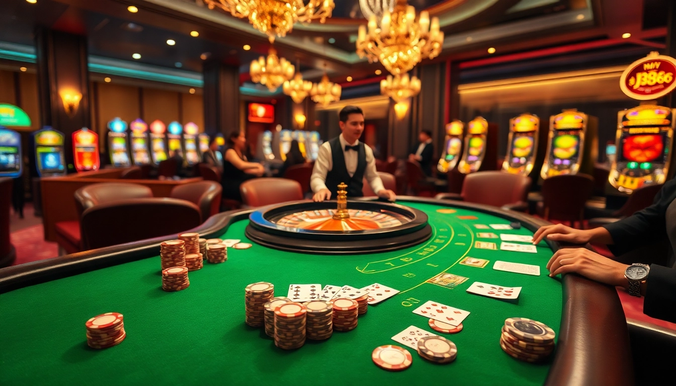 Intense blackjack action at Nhà Cái BJ888 casino with players and cards on a vibrant table.