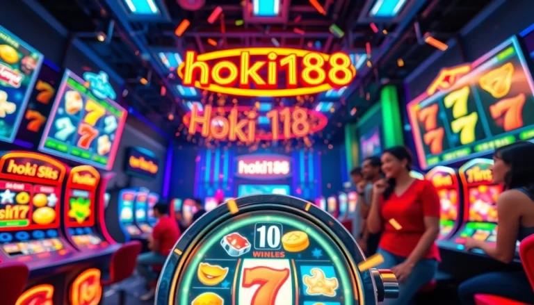 Experience the excitement of hoki138 with vibrant online slot gaming visuals, showcasing spinning machines and lively players.