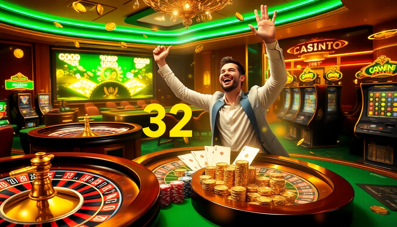 Excited gambler celebrating a win at 32win with casino tables and roulette wheel.