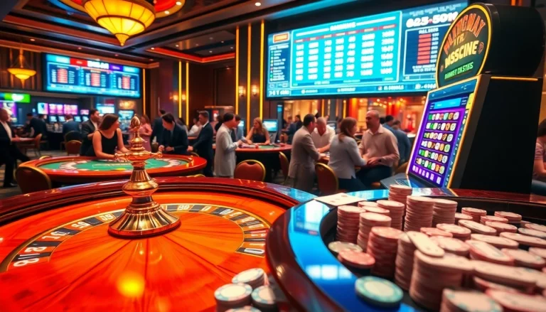 Dynamic scene of a luxury casino with engaging gambling elements, featuring poker chips and the keyword 주소모음.