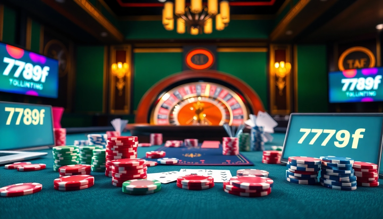 Engage in thrilling casino gameplay with the 789f link, surrounded by vibrant poker chips and cards.