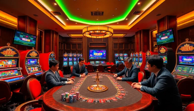 Experience thrilling gambling action at RR88 with sleek poker tables and vibrant slot machines.