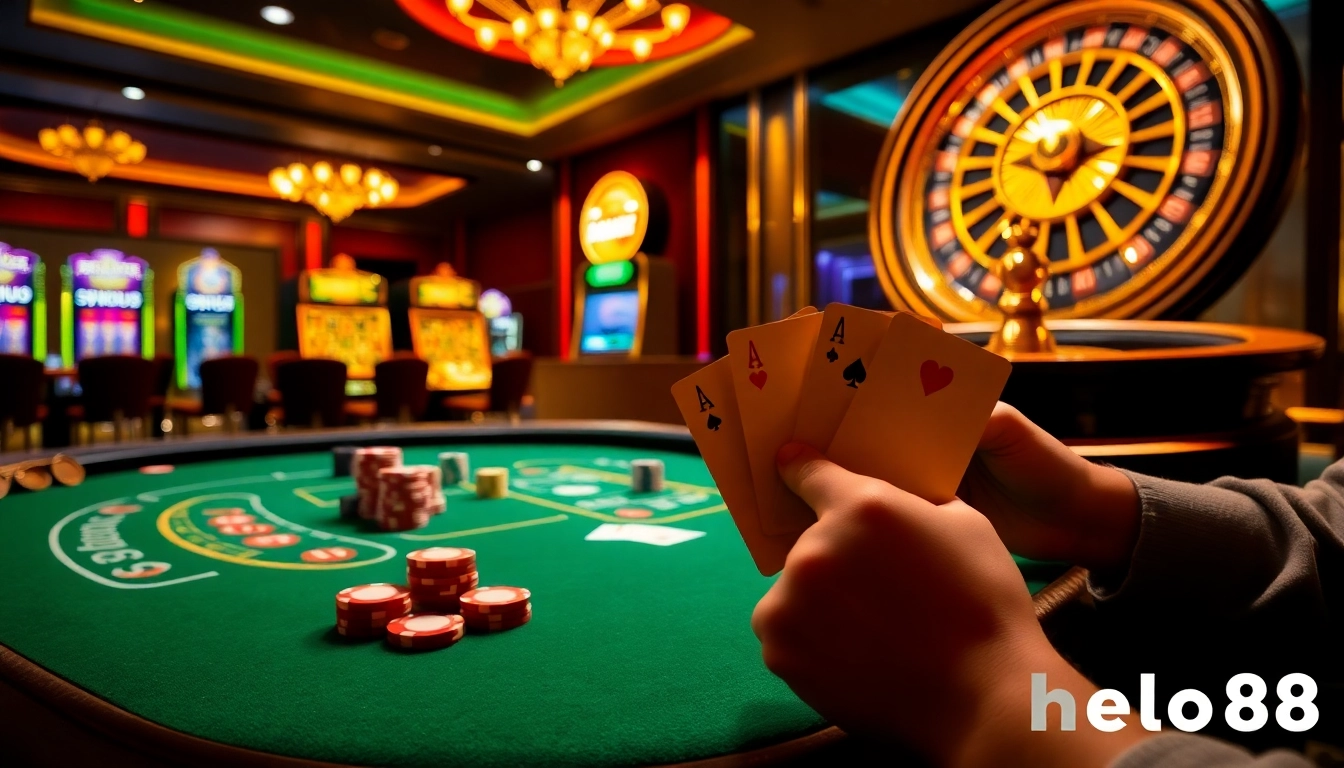 Hello88 gamblers enjoying a luxurious casino experience at an elegant poker table.