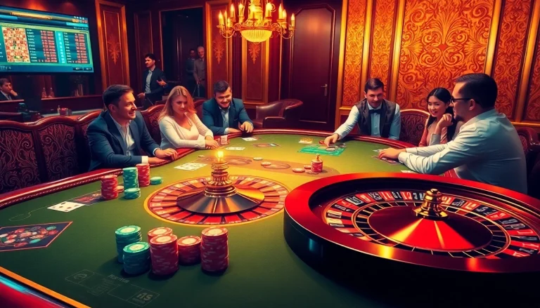 Crowd enjoying a high-stakes game at a luxurious casino https://cpc188.org with vibrant poker chips and roulette wheels.