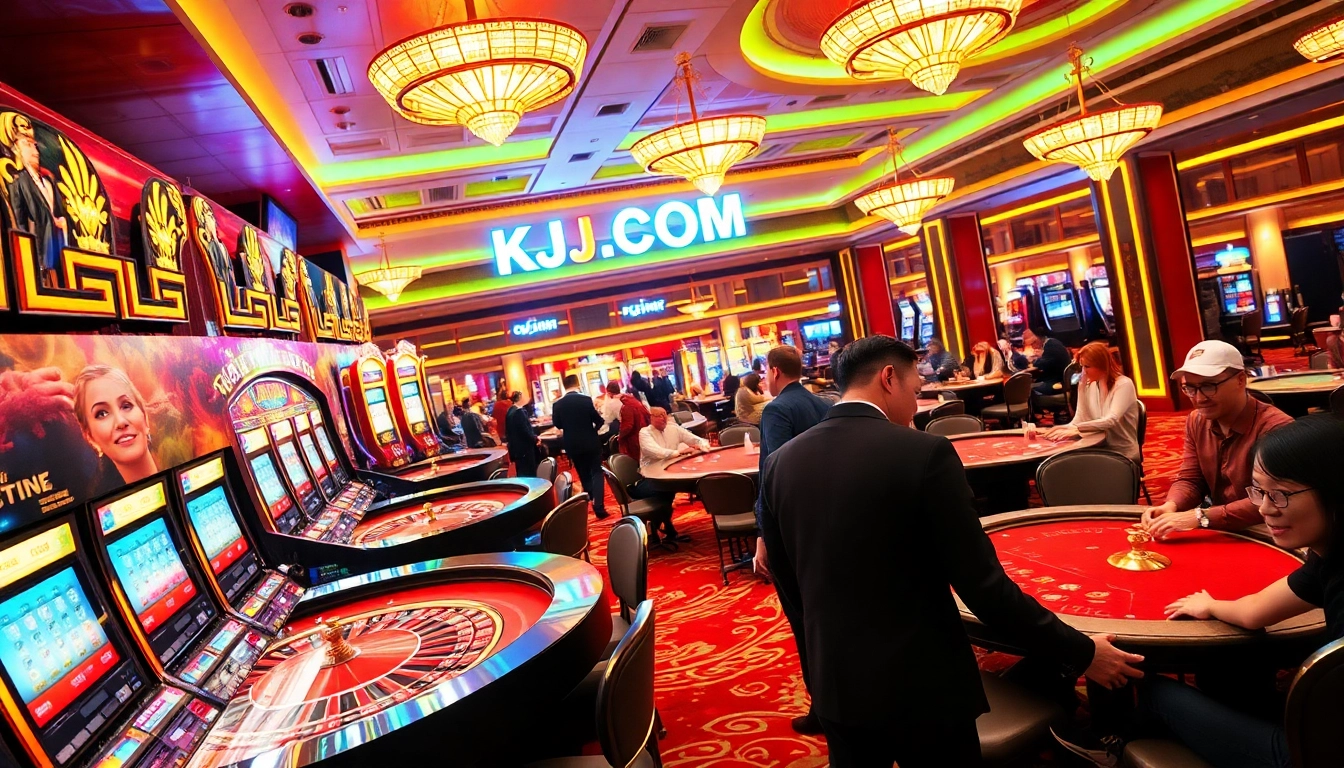 KJC.COM casino scene with players enjoying poker, roulette, and slot machines, celebrating excitement in gambling.
