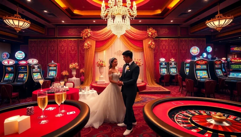Hi88 wedding celebration featuring couples enjoying casino games and vibrant gambling elements.