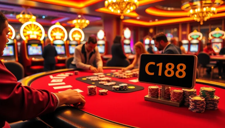 Engaged players strategizing at the C168 casino poker table surrounded by vibrant chip stacks.