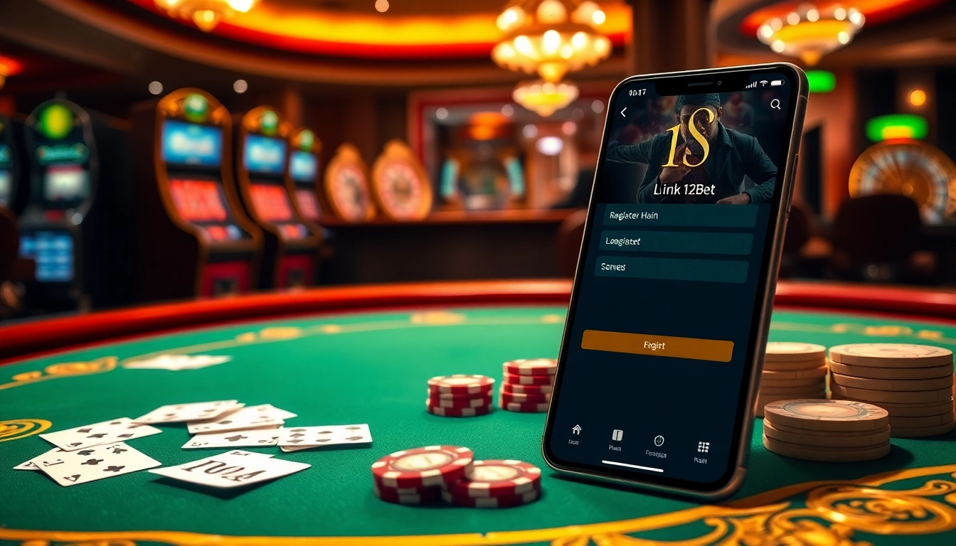 Engaging scene showcasing link vao 12bet registration with casino elements and smartphone interface.