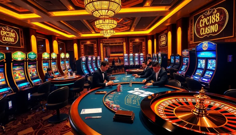 CPC188 players placing bets at a luxurious casino table surrounded by vibrant slot machines.
