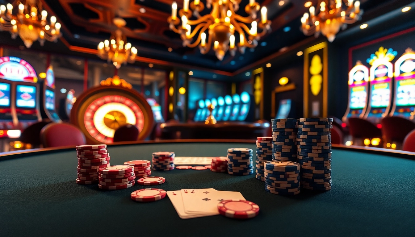 Experience the excitement of the go8 game at a luxurious casino with vibrant poker tables and spinning roulette wheels.