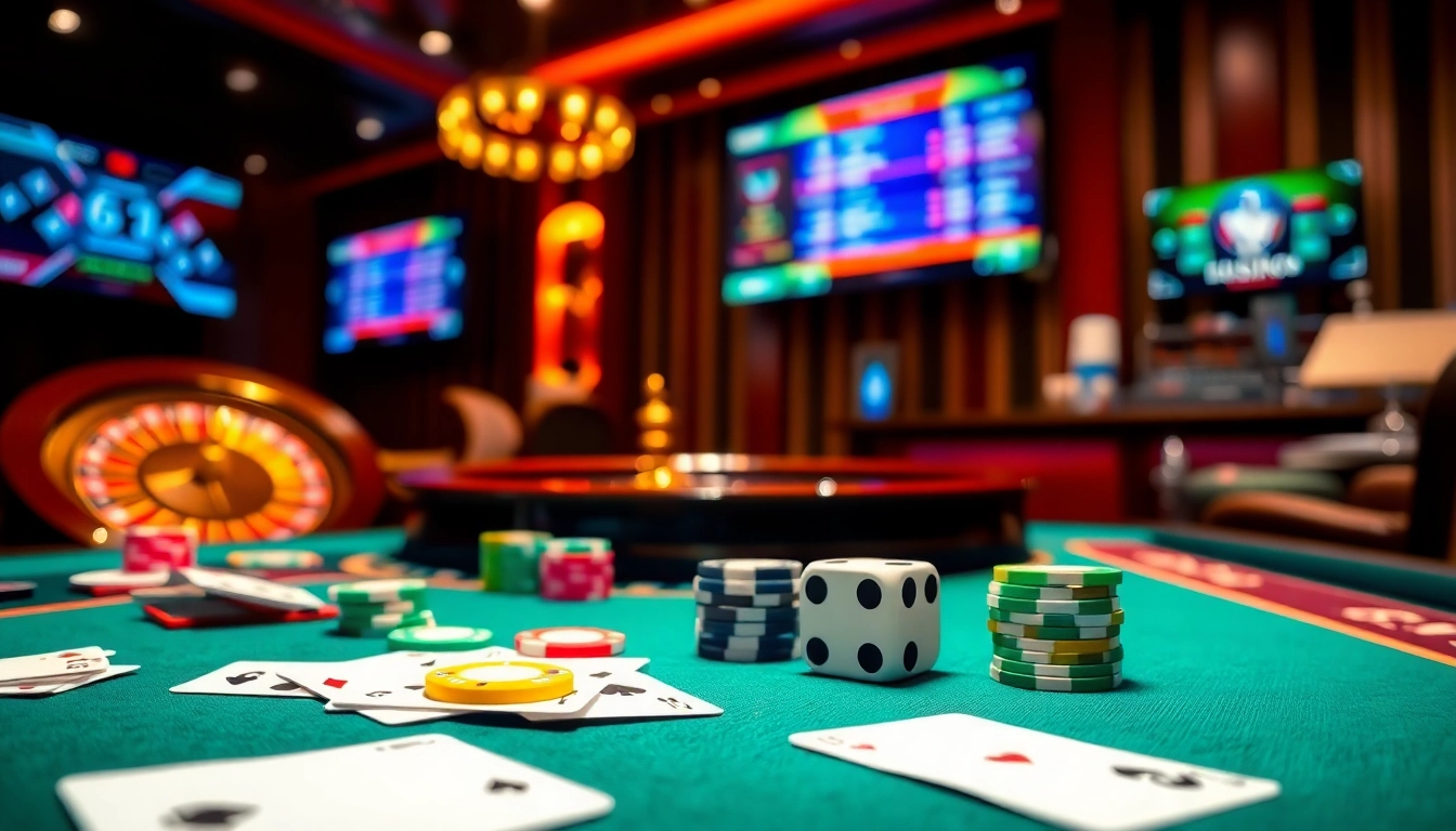 Capture the thrilling atmosphere of online gambling at https://kjc686.com/ with vibrant casino tables and gaming excitement.