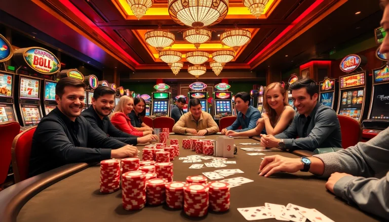 Experience the thrill of online gambling with MM88 at a luxurious poker table surrounded by excitement.