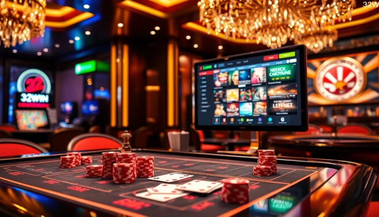 Experience thrilling gameplay at Nhà Cái 32WIN casino, featuring vibrant poker tables and dazzling promotion displays.
