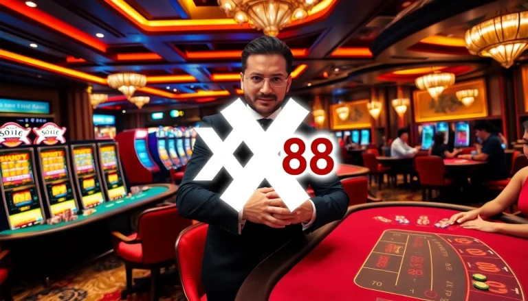 Excited players engaging in high-stakes games at Xx 88 casino table with vibrant chips.