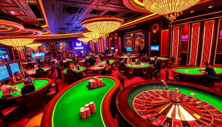 Players enjoying the thrilling atmosphere of Nhà cái MM88 with vibrant casino tables and exciting games.