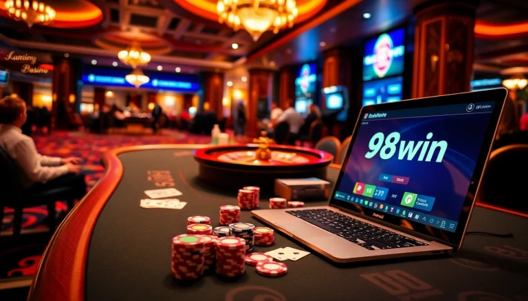 Players enjoying a thrilling game at a 98win casino table with vibrant poker chips and roulette wheel.