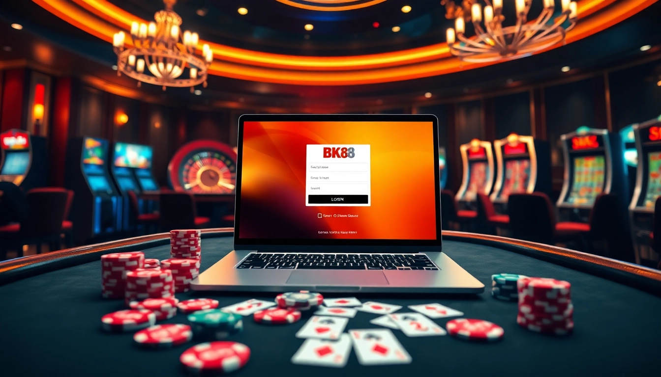 Experience seamless bk8 login amidst a vibrant casino setting with poker tables and colorful chips.