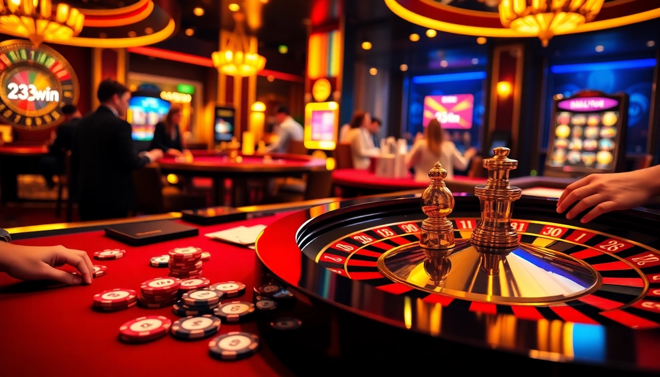Players enjoying the thrill of gambling at a 23win casino, featuring a roulette table and poker chips.