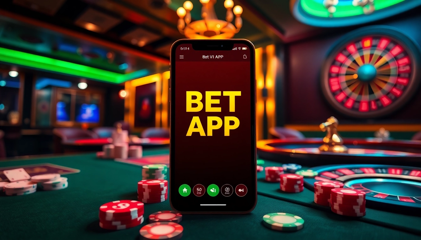 Cảnh tượng hấp dẫn giới thiệu ứng dụng Bet VIP trong một môi trường casino sang trọng với các yếu tố cá cược.