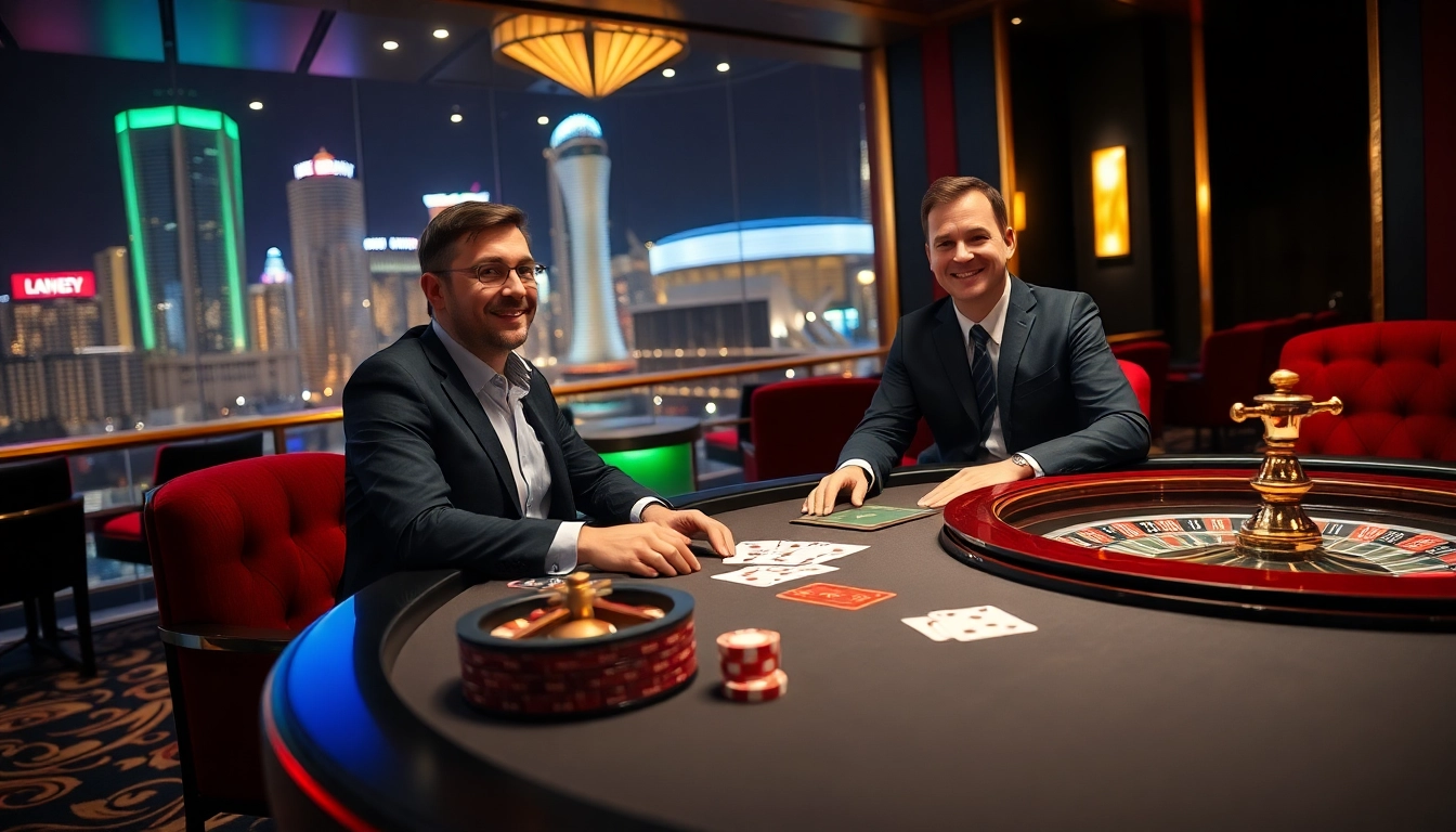 Migration lawyer Sydney confidently advises clients at an elegant casino table with poker chips and cards.